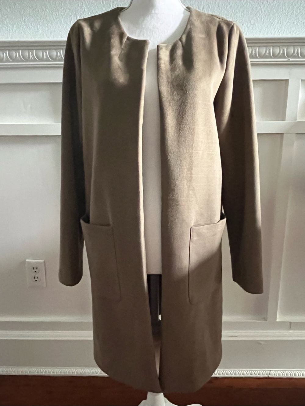 HYFVE Collarless Open-Front Trench Coat in Taupe